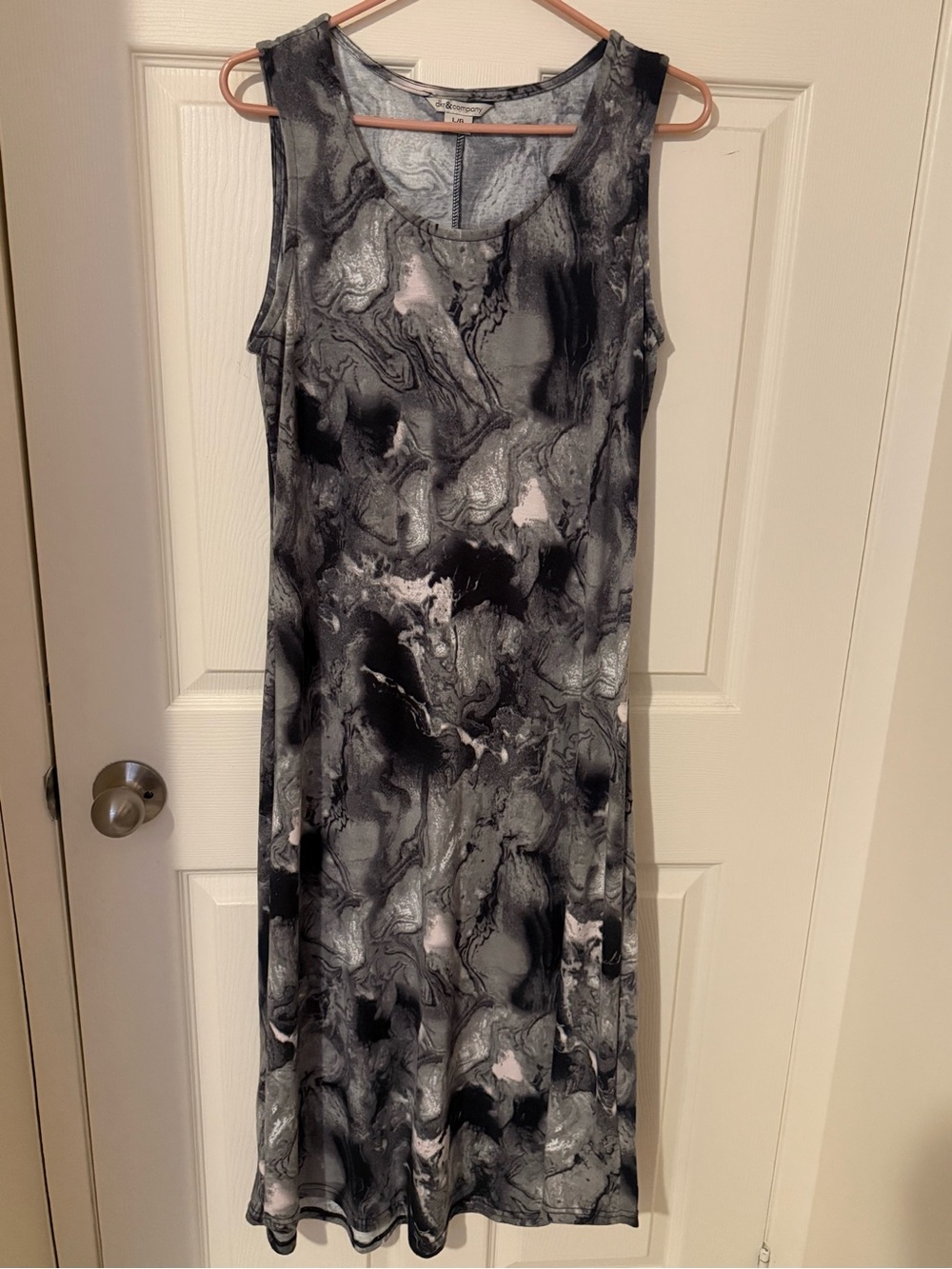Sleeveless Marble-Print Midi Dress - Black, Gray, Pale Pink